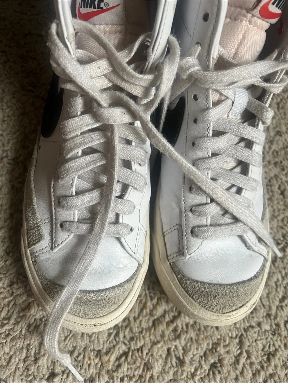 Nike Women’s White High-Top Sneakers with Black Swoosh and Gray Suede Accents